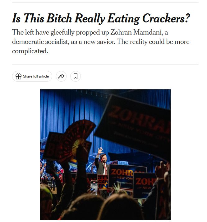 new york times article titled "is this bitch really eating crackers?" with the subhead "the left have gleefully propped up Zohran Mamdani, a democratic socialist, as a new savior. the reality could be more complicated."