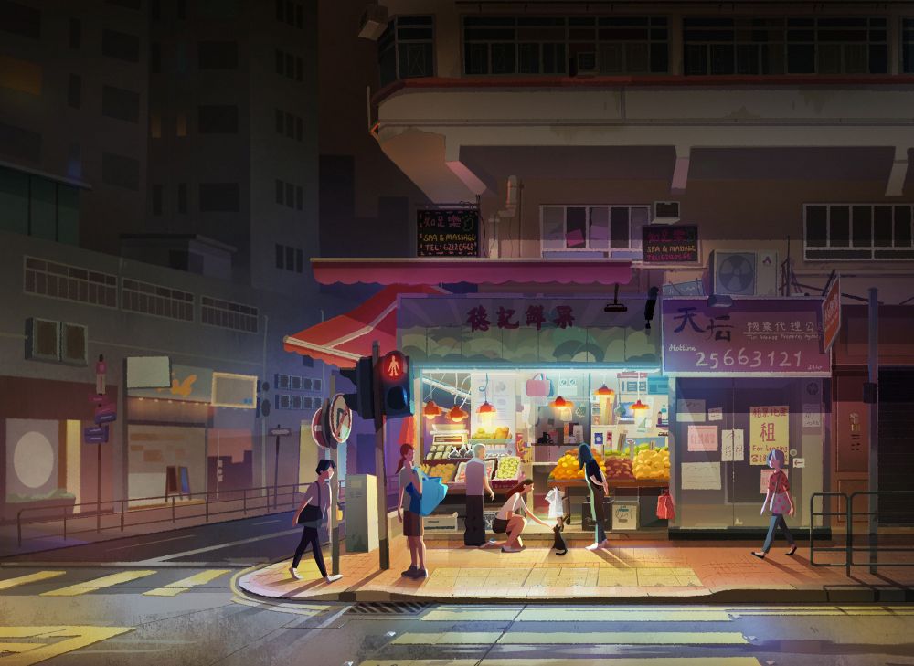 Night life in Hong Kong illustrated digitally in photoshop. Concept art for animation and digital illustration. Colors and night time lighting
