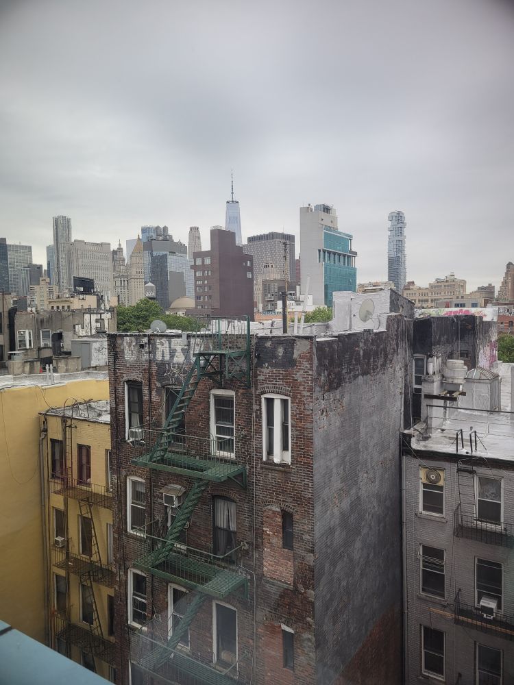 Overcast city view showing brick apartment buildings with fire escapes in the foreground and a skyline of New York City