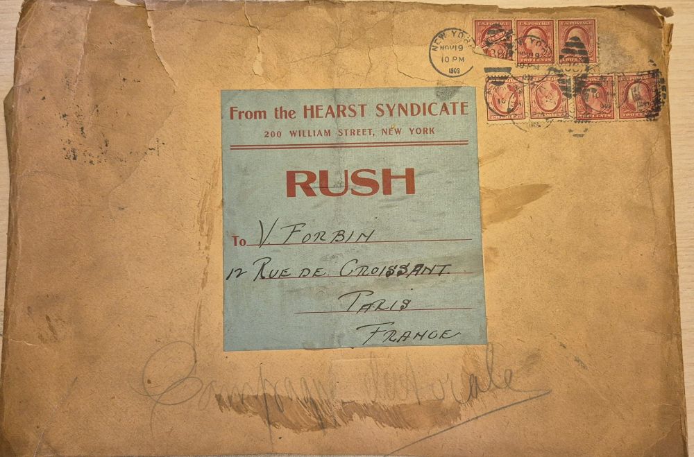 Envelope sent by the Hearst photo agency to Victor Forbin on 19/11/1909. It contained photos that Forbin would sell back to the European press. SHD Vincennes  