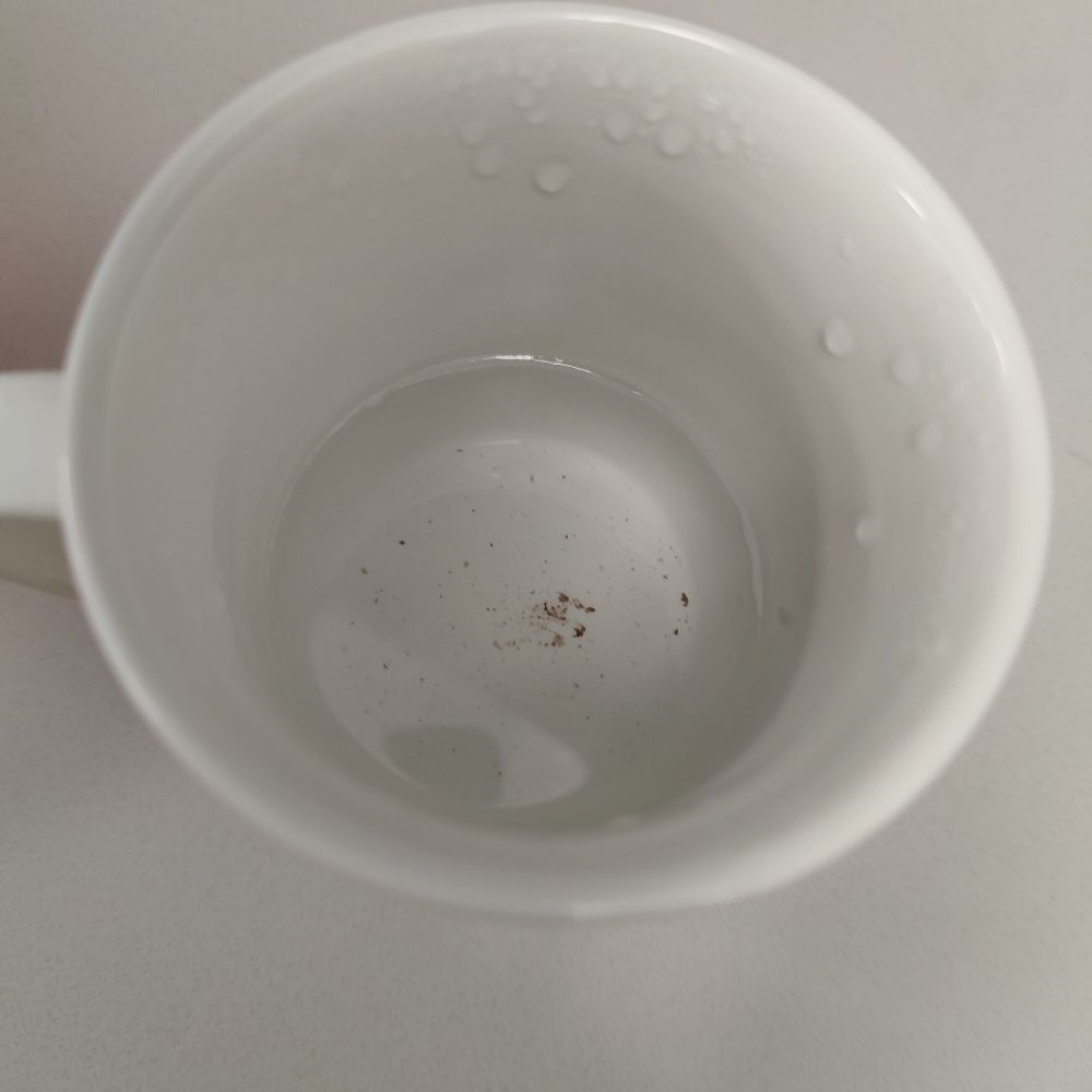A mug of clear tap water with dark-coloured rust sediment at the bottom.  Working at the office today.