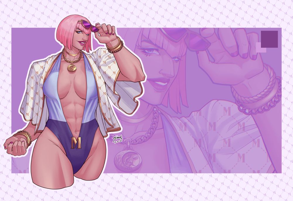 Drawing of Manon from SF6 in her outfit 4. She is wearing a silver and grey one-piece bathing suit, a white and gold jacket and various pieces of gold jewelry. the BG features a purple coloured block.