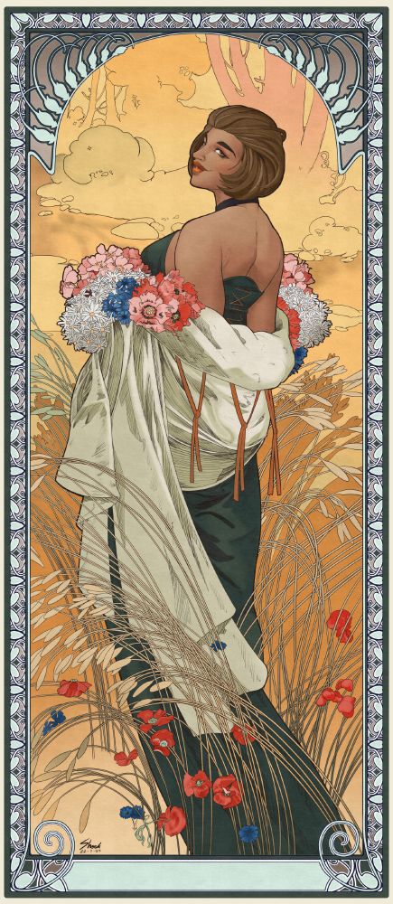 Illustration of Manuela from FE3H homaging Alphonse Mucha's The Seasons (1900 Summer)