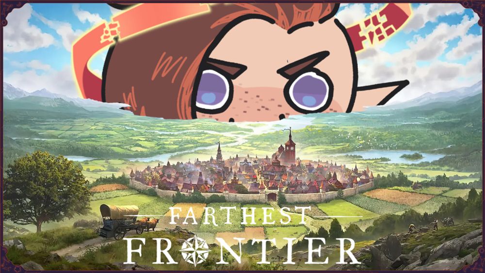 The Armia Gremlin hovering over a small town. The title reads: Farthest Frontier