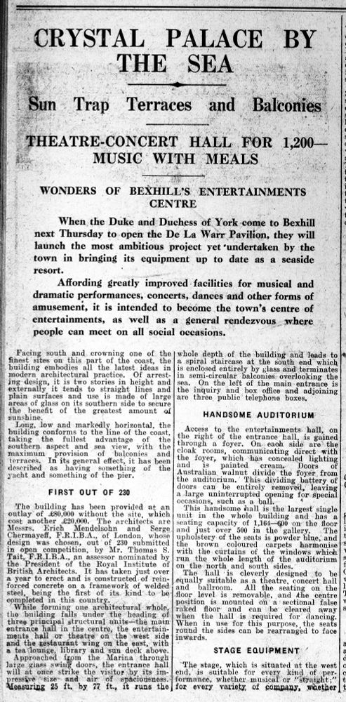 Newspaper cuttings from the Bexhill Observer 7.12.1935. "Crystal Palace By The Sea." About the opening of the De La Warr Pavilion, Bexhill, Sussex on 12.12.1935.