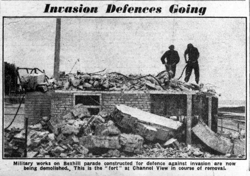 Newspaper cutting from the Bexhill Observer 12.10.1946 showing the demolition of a Second World War "fort" at Channel View.