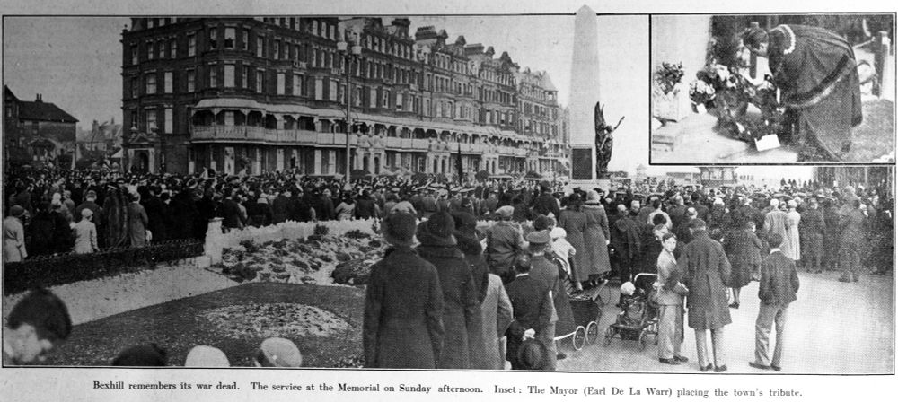 Newspaper cutting from the Bexhill Observer 11.11.1933. "Bexhill remembers its war dead." War Memorial, Marina, Bexhill, Sussex.