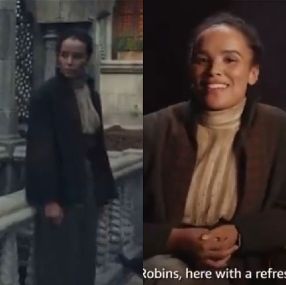 A side-by-side comparison showing Nynaeve's outfit in the extended scene on the left and what Zoë Robbins is wearing in Nynaeve's character recap on the right. In both instances, she is wearing and boxy brown coat over a cream high-necked blouse and dark bottoms.