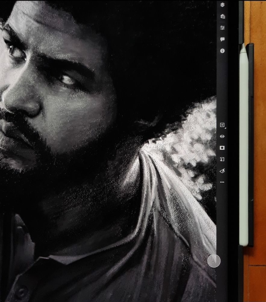A close-up of Photoshop on an iPad with an Apple pencil at its side, where we see a zoomed in black and white digital sketch of a still from the Wheel of Time season 3 trailer showing Perrin Aybara with a slight frown, looking over his shoulder at someone off camera. He is wearing a light shirt and surrounded by apple blossoms.
