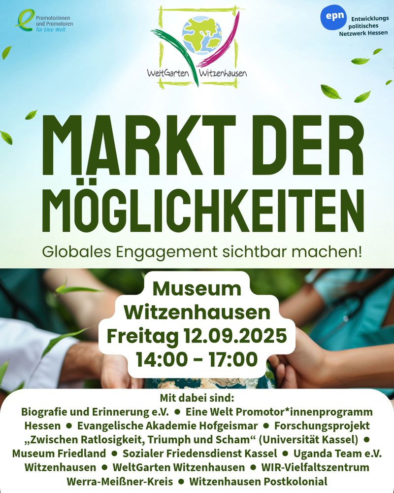 Markt der Möglichkeiten
Globales Engagement sichtbar machen!
12.09.2025, 14 - 17 Uhr im Museum Witzenhausen
