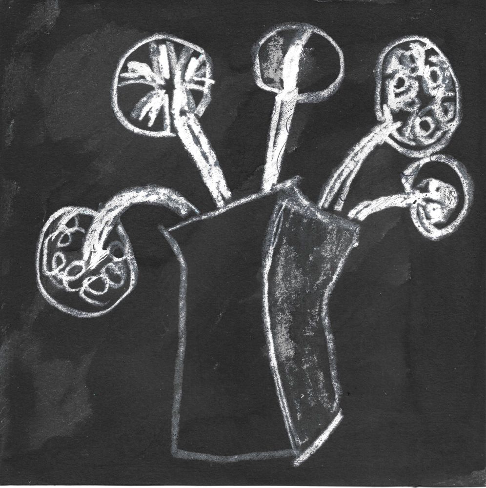 A minimalist wax relief drawing on black paper depicting a vase holding five abstract, circular flowers. The vase and stems are outlined in white, with each flower head containing unique internal patterns—some with radiating lines, others with loops or enclosed circles. The rough, uneven texture of the wax gives the composition a tactile, hand-drawn quality, while the high contrast between white and black creates a stark, sculptural still-life effect.