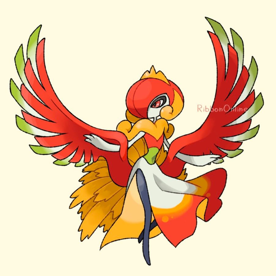 Art of a fusion of the Pokémon Gardevoir and Ho-oh. 