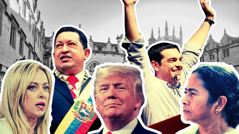 Images of Giorgia Meloni, Prime Minister of Italy, Brothers of Italy; Hugo Chávez, former president of Venezuela, United Socialist Party of Venezuela; Donald Trump, 45th and current President of the United States, Republican Party; Alexis Tsipras, former Prime Minister of Greece, Syriza; Mamata Banerjee, eighth and current Chief Minister of West Bengal, All India Trinamool Congress - in front of a university building