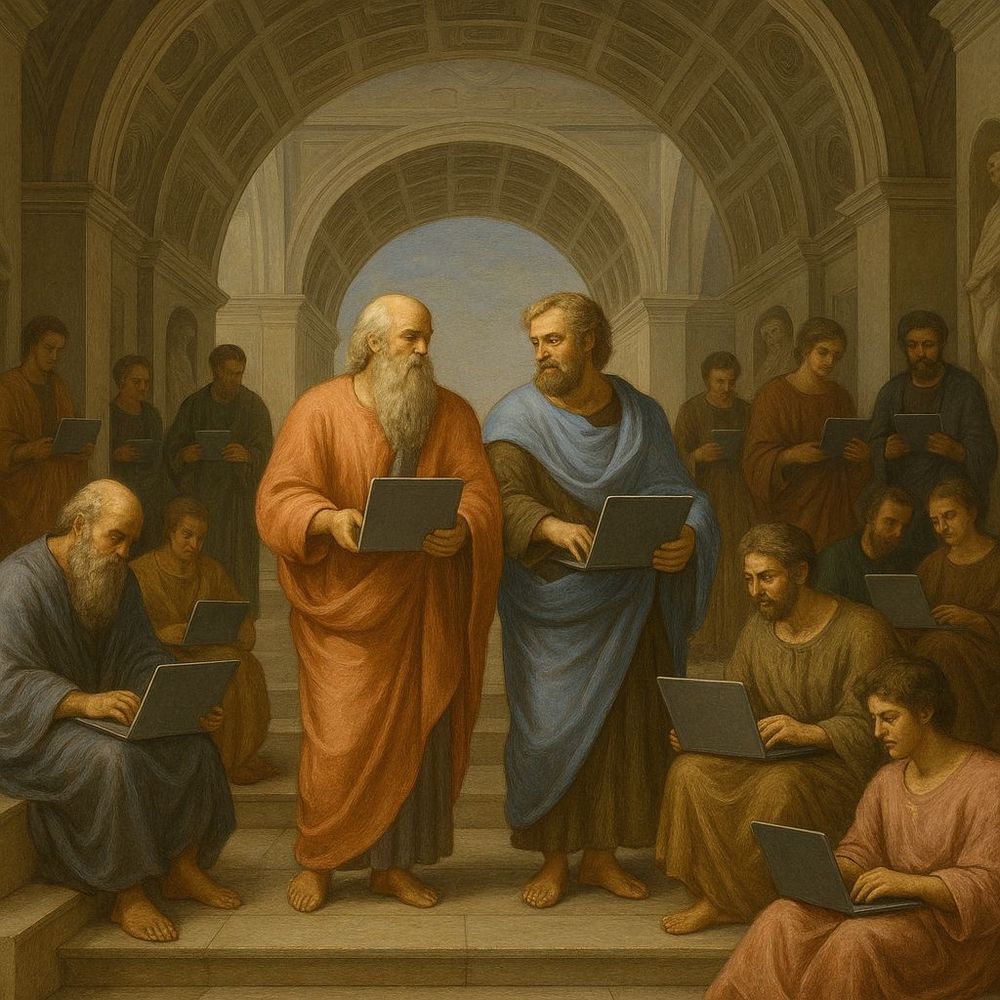 An image of Raphael's 'School of Athens' altered by ChatGPT to show the characters in the image using laptops and tablets