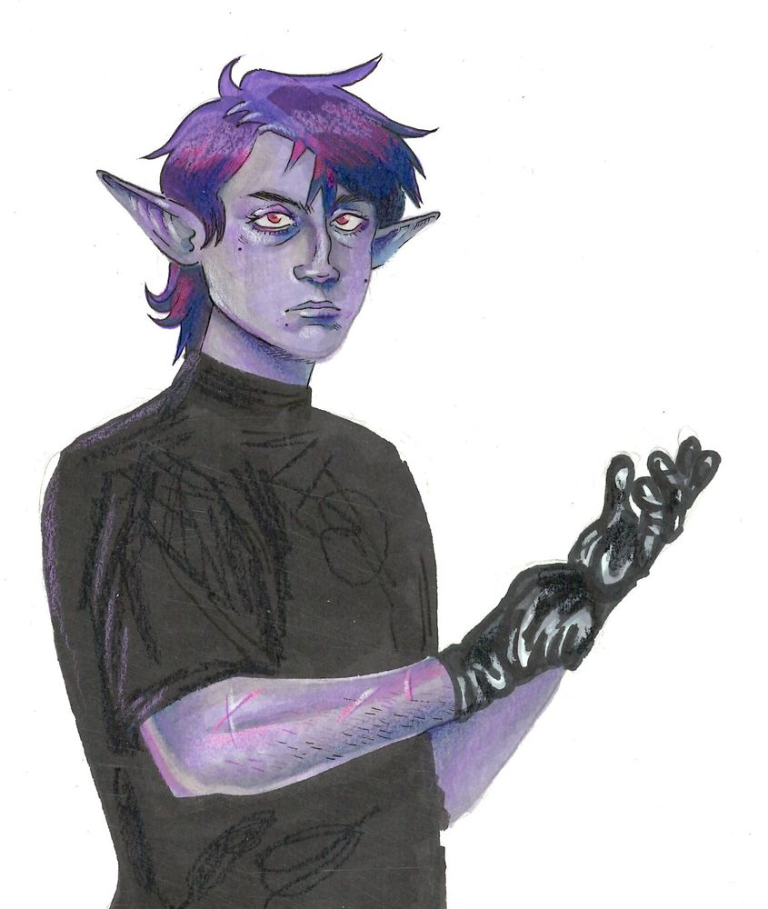 a marker, pen, and color pencil drawing of an elf man. he has lavender skin, and darker purple hair. he pulls on a pair of shiny black gloves. 
