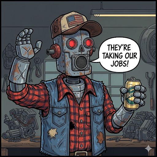 Redneck robot saying “they’re taking our jobs!”