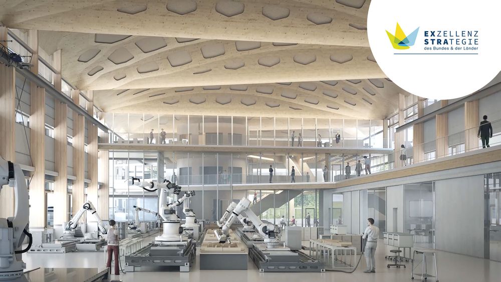 Visualization of the new IntCDC research building with the logo "Exzellenzstrategie des Bundes & der Länder" (Excellence strategy of the federal and state governments)