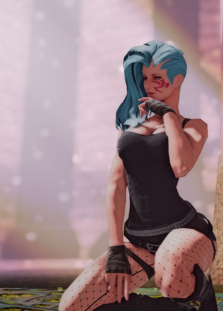 Blue-haired highlander, knelt down with a flirty look on her face