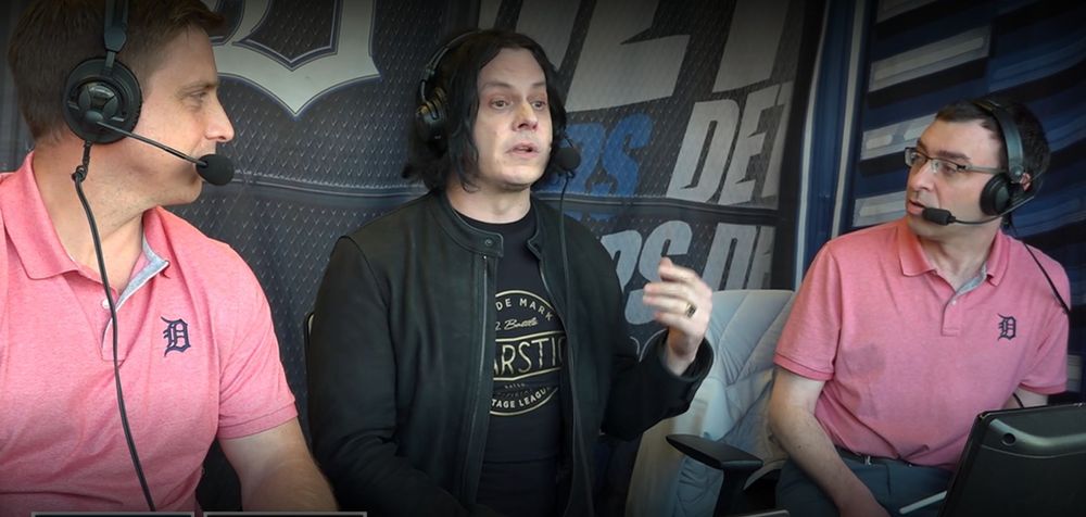Detroit Tigers broadcasters Andy Dirks (left) and Jason Benetti with Detroit native Jack White of the White Stripes