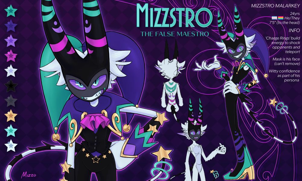 Ref sheet of Mizzstro including his color palette, with/without clothes ref, full body, and additional information.
