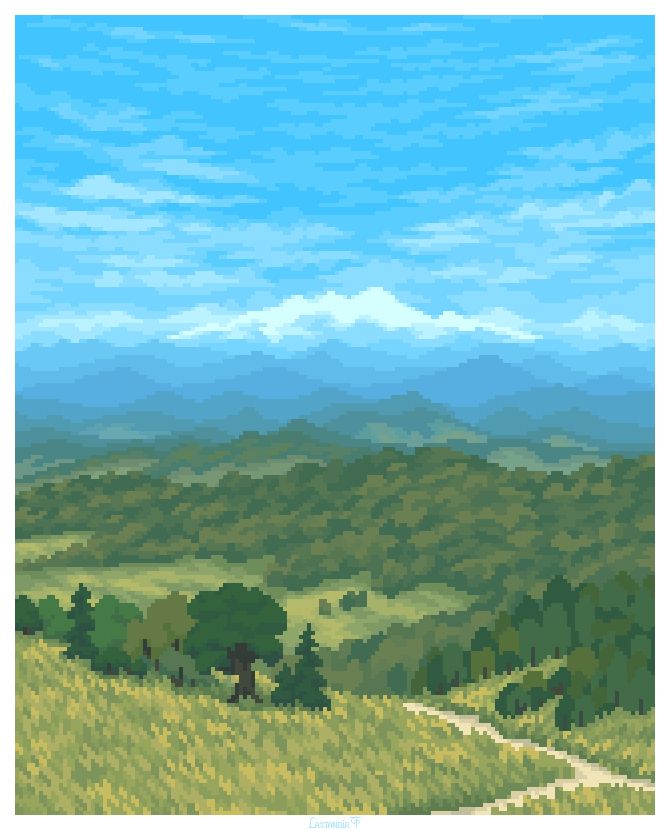Pixelart piece of mountainous landscape. It's spring, afternoon, little clouds are in the sky, but the sun is strong anyway. It's pleasantly warm, but not too warm. You stand above the forests, almost on the top of a hill. What you see are endless hills and valleys, with one bigger peak dominating the horizon. Despite the heat, the peak is still covered in the winter snow. You can hear the birds woke up by the spring. The slight breeze moves the grass around you, you can hear the symphony of greenery in the background.
