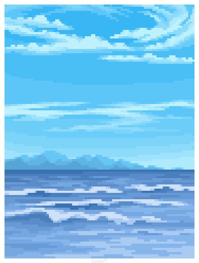 A landscape art done in pixelart style. It's almost noon and you are standing in the sea, it's summer, the water is warm. What you hear is neverending symphony of coming waves. What you see is sea with some mountains, or islands, looming above the horizon, all in hues of blue. There are some light clouds in the sky, but there's no risk of rain.