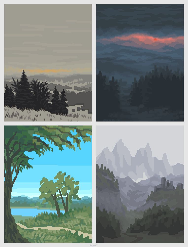 A composition of 4 sketches of mountain landscapes done in pixelart style.