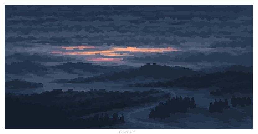 A pixelart landscape of a sunset in the hilly countryside. Darkness takes over the surroundings. Dark clouds are above. The last rays of sunset makes the clouds warm at the horizon.