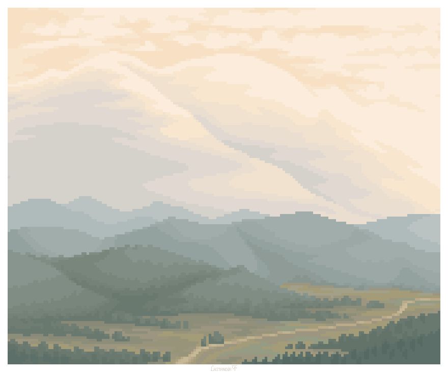 A pixelart landscape showing peaks and clouds brightly lighten up by the sun. The monumental mountains rise above the darker valley. There's a path going through the valley into the unknown.