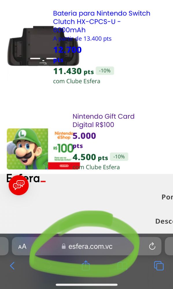 Print da página do Esfera, um site do Santander onde você compra produtos usando pontos acumulados.