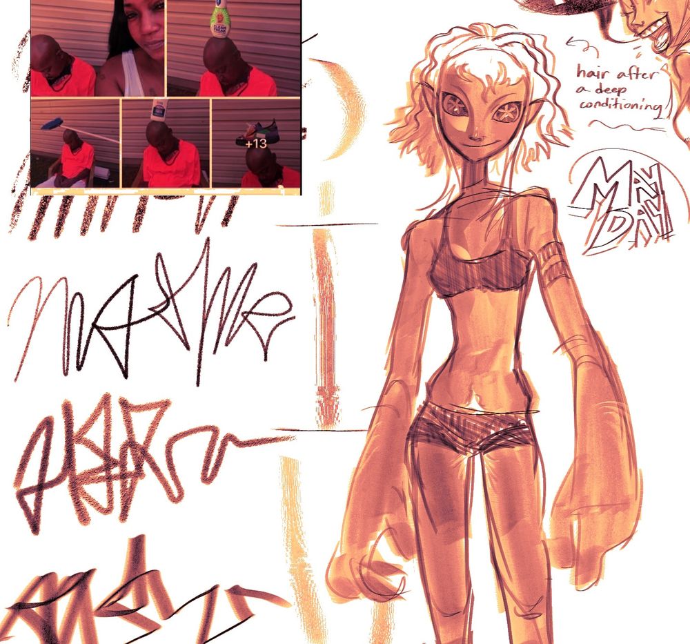 A fourth, 3/4ths body sketch of Mayday in a sports bra and boyshort briefs. Her hair is down, not in her usual ponytails; the text to the right of her head states "hair after a deep conditioning." Below that text is "MAY DAY" in bold, graffiti-like letters.
To the left is an orderly-ish column of lines and squiggles from testing out brush strokes. 
Unrelated to anything else going on, in the top left of the picture is the 'he gone be mad at me again' facebook meme (albeit slightly cropped.) It features a man sleeping upright on a chair with several household objects balancing on top of his bald head.