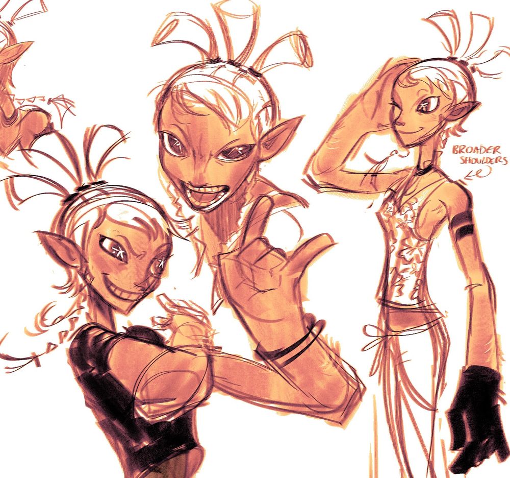 Three more amber-colored sketches of Mayday. 
The (bottom) leftmost drawing features May in a black shirt. posing with her right elbow out and throwing up the rock hand sign '🤘' with her left hand.

The second (center) drawing is a simple bust sketch of Mayday once again. She has a somewhat menacing look in her eyes, eyebrows creased and pupils constricted. Her mouth is open as if she's yelling something to the effect of "GAME ON!"

The third drawing (all the way to the right) is of Mayday standing idle, with one arm raised to pat the side of her head while her left arm, gloved and with bands just below her shoulder, rests near her side. She is wearing a hibiscus tank top and some sort of long skirt. Compared to the other two drawings, she looks sweeter here.