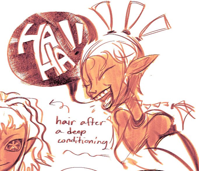 Amber-colored bust sketch of Mayday laughing jovially. A darkened text bubble  to her left says "HAHA !!". Her face is scrunched with joy, and her three ponytails protrude from her head almost exclamation mark-esque.
Towards the bottom left, unrelated to the drawing above, is a cropped half of Mayday's face with her hair down. It is curly with fried-ish ends. Next to her face is the text "hair after a deep conditioning."