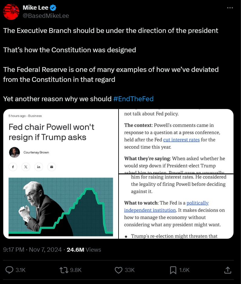a Tweet where Mike Lee says "The Executive Branch should be under the direction of the president 

That’s how the Constitution was designed 

The Federal Reserve is one of many examples of how we’ve deviated from the Constitution in that regard 

Yet another reason why we should #EndTheFed"