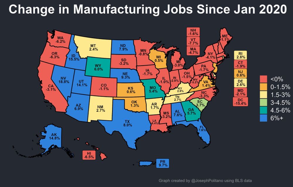 A map of change in manufacturing jobs since Jan 2020
