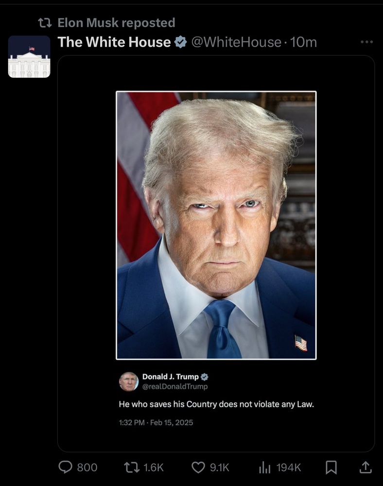 A picture of a tweet from the White House showing Donald Trump’s portrait accompanying his tweet “he who saved the country does not violate any laws”. It is retweeted by Elon Musk
