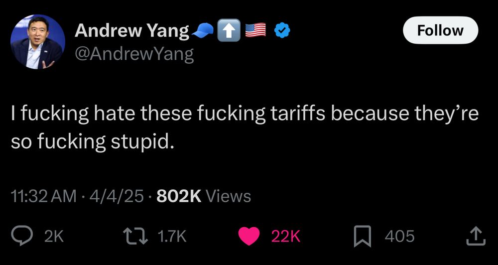 A tweet from Andrew Yang that reads “I fucking hate these stupid fucking tariffs because they’re so fucking stupid”