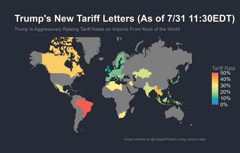 a map of all the countries Trump has sent tariff threats to