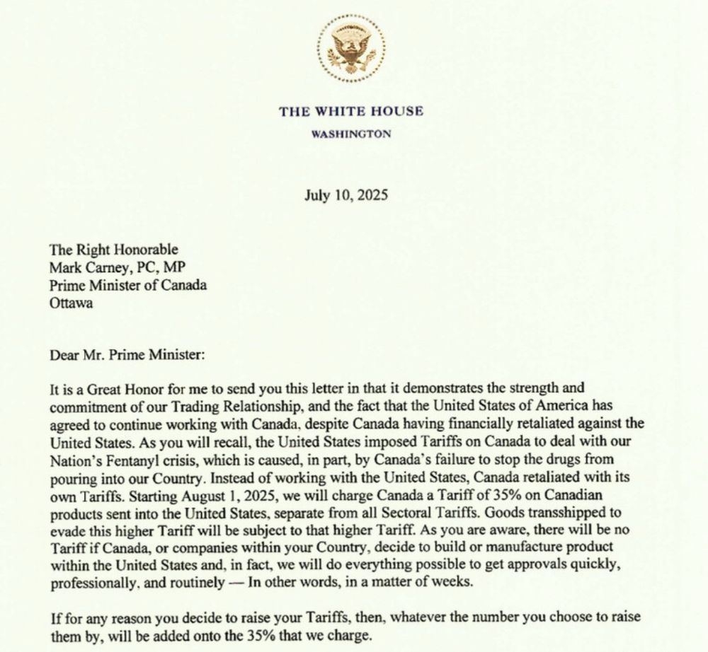 The letter from Trump threatening 35% tariffs on Canadian imports 