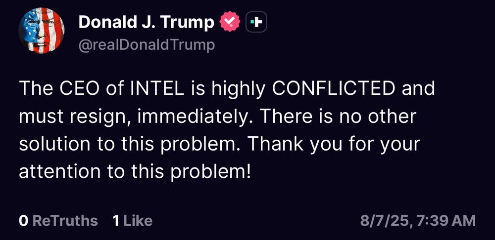 The CEO of INTEL is highly CONFLICTED and must resign, immediately. There is no other solution to this problem. Thank you for your attention to this problem!