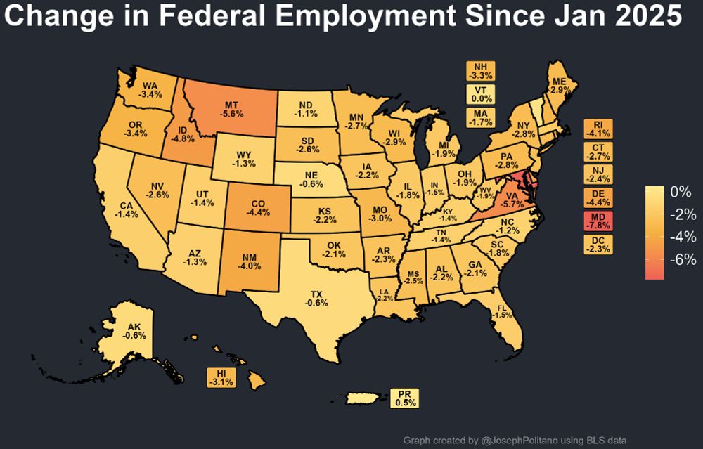 a map of the percent change in Federal Employment since Jan 2025