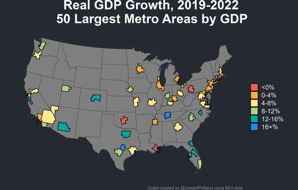 A map of US GDP growth by metro describing the previous data