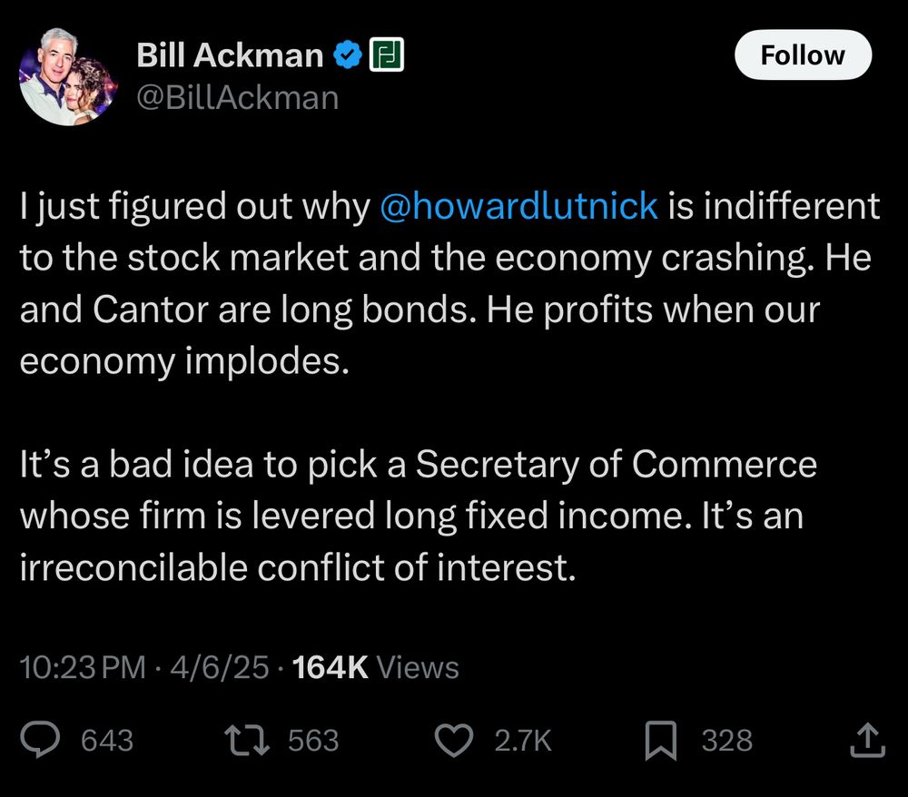“I just figured out why @howardlutnick is indifferent to the stock market and the economy crashing. He and Cantor are long bonds. He profits when our economy implodes. 

It’s a bad idea to pick a Secretary of Commerce whose firm is levered long fixed income. It’s an irreconcilable conflict of interest.”