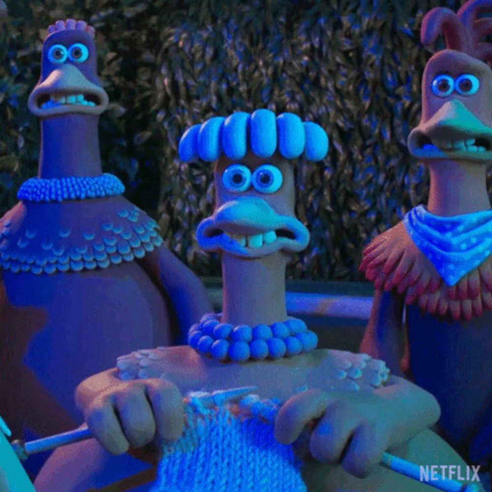 three chickens from a netflix animated series are knitting