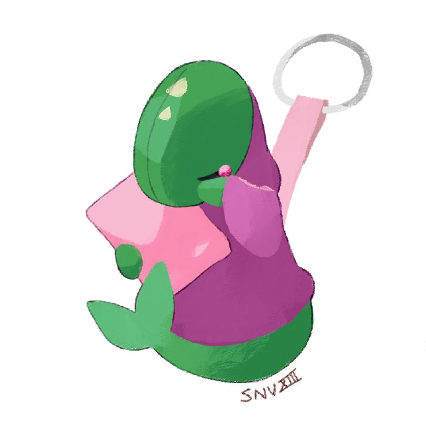 A sleeping green tonberry key chain plush, rubbing its eye with one hand, and holding a pink pillow in the other. A small pink rhinestone is glued to the outside corner of its eyelid. It wears a purple long hood. Its mermaid tail wraps around its bottom, curled up. Unlike the other key chains, it sits upright.