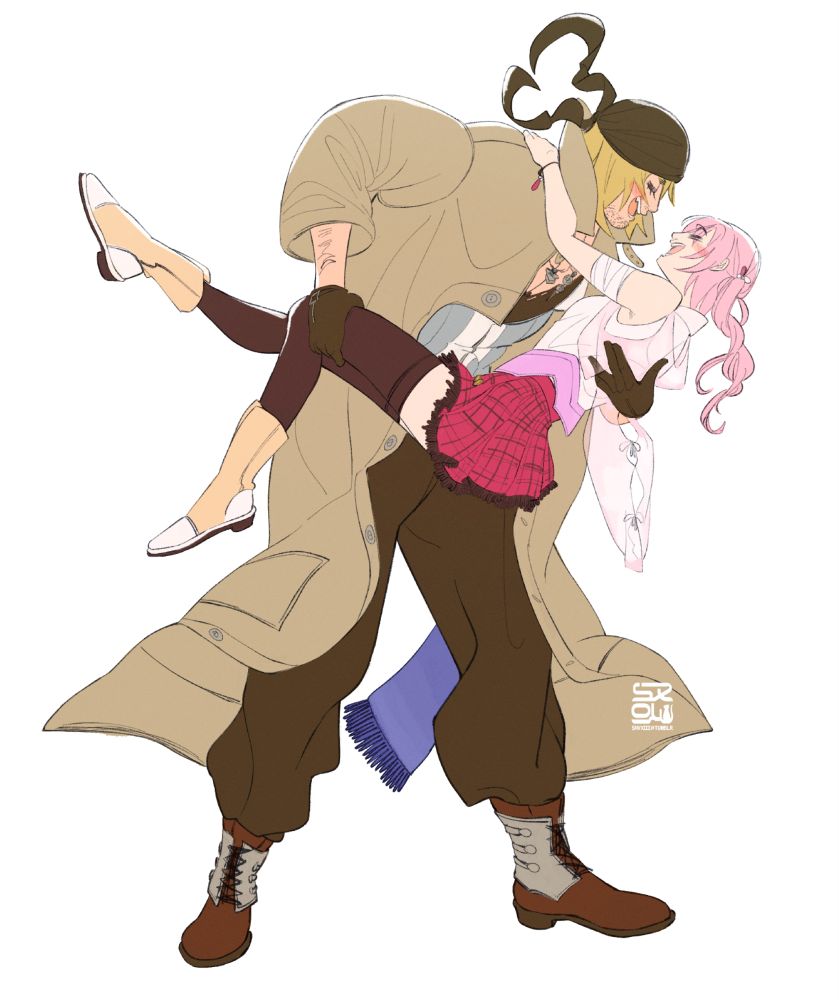 A plain white background version of Snow carrying Serah in a princess carry.