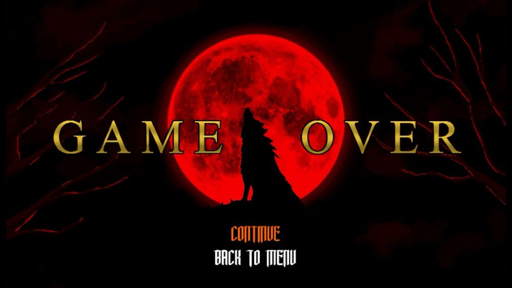 Game over screen, wolf howling over blood red moon background. 