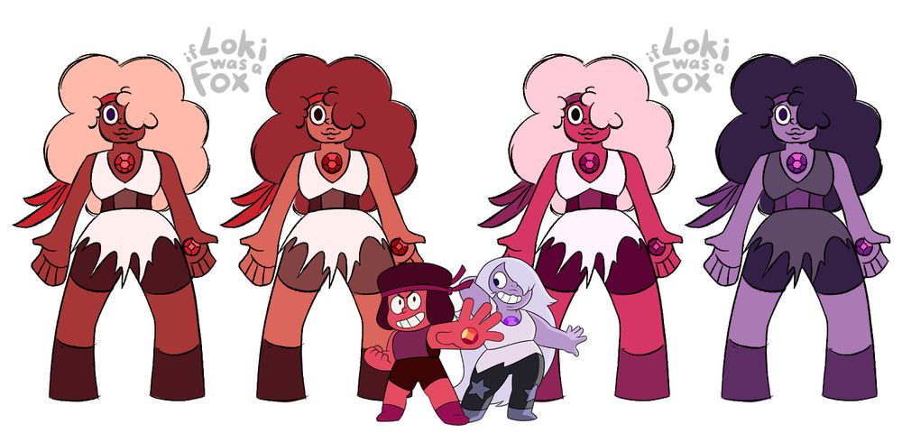 Four identical sketches of Cinnabar lined up to demonstrate different potential color palettes. The first two are orange-red, differentiated primarily by if the hair is pale or dark. The third is reddish-pink colors. The fourth has abandoned the red entirely to be dark purple colors. There are small images of Ruby and Amethyst standing side by is in the middle for reference as to their own color schemes.