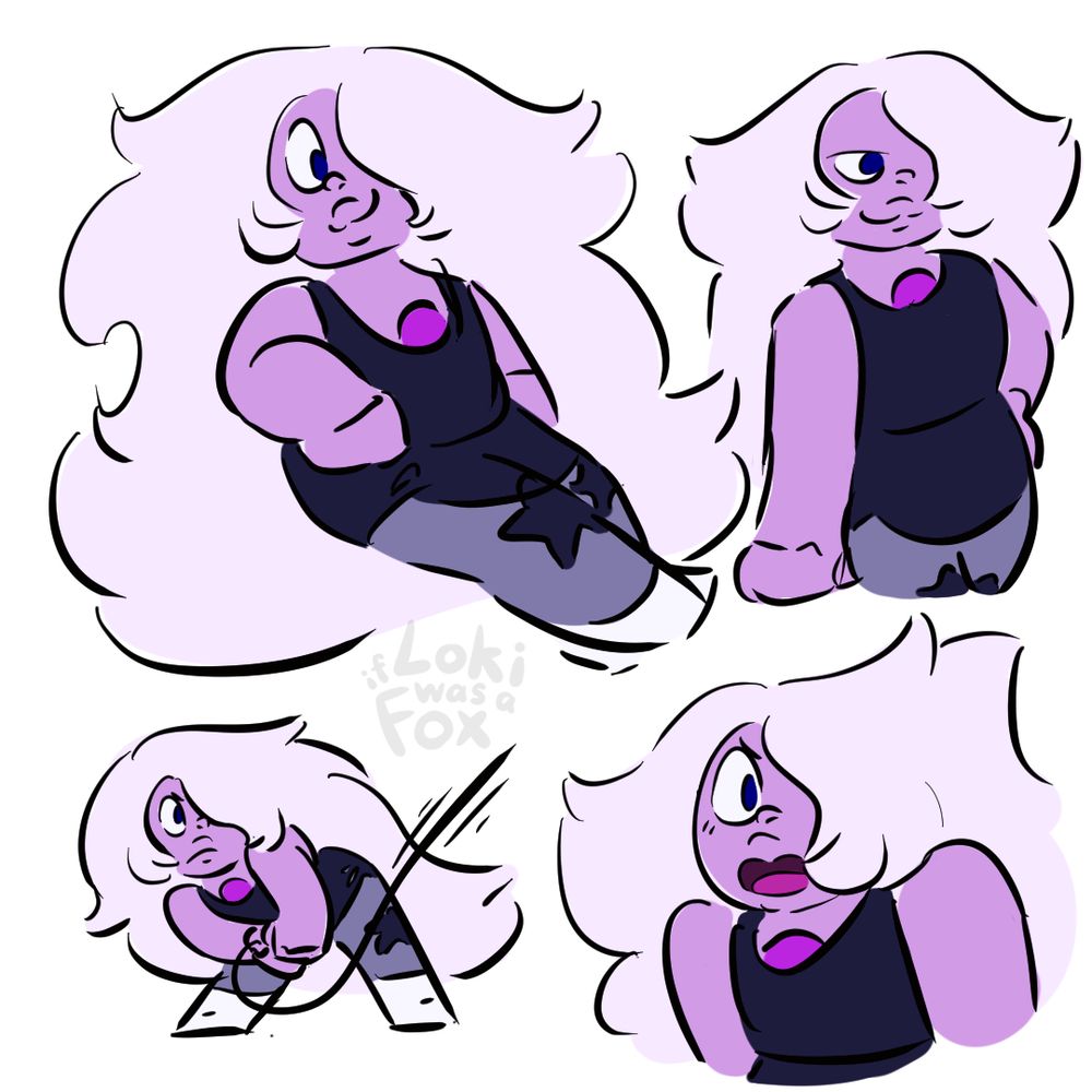 A digital doodle page of four colored Amethyst sketches.
A full-body sketch of Amethyst reclined casually, a half-body sketch of Amethyst with a hand on her hip, a full-body sketch of Amethyst yanking something off screen with her whip, and a half-body sketch of Amethyst shouting and looking embarrassed.