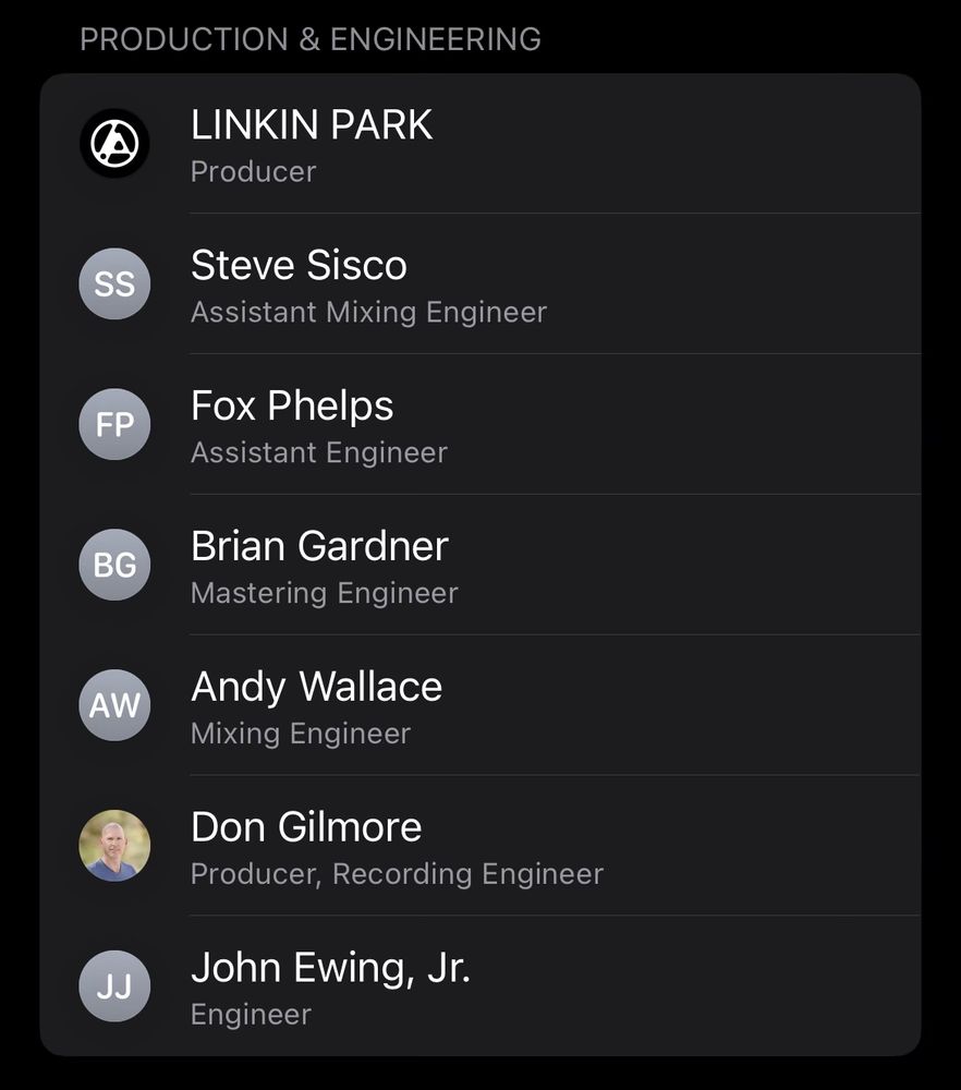 “Production & Engineering” credits for Meteora
- Producer: Linkin Park
- Assistant Mixing Engineer: Steve Sisco
- Assistant Engineer: Fox Phelps
- Mastering Engineer: Brian Gardner
- Mixing Engineer: Andy Wallace
- Producer, Recording Engineer: Don Gilmore
- Engineer: John Ewing, Jr.